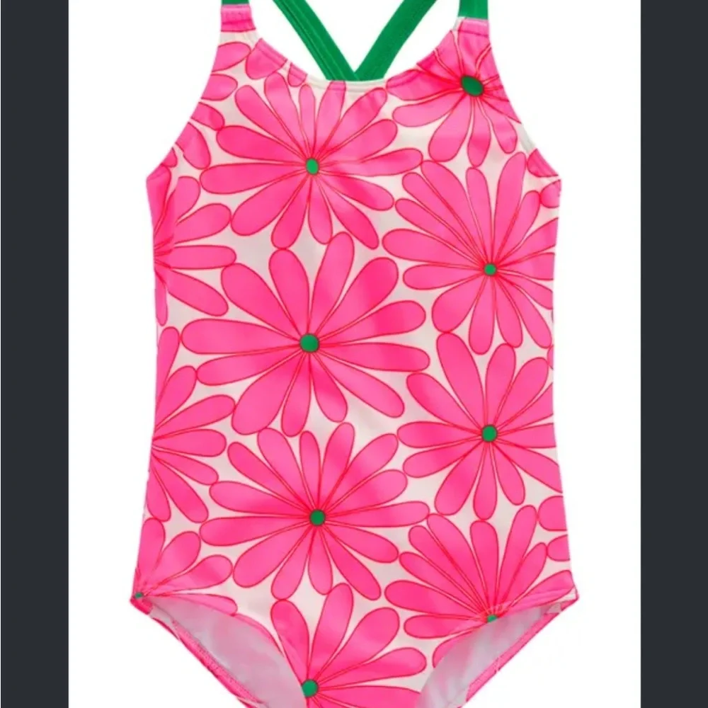 Boden Pink Floral Daisy One-Piece Swimsuit with Green Straps